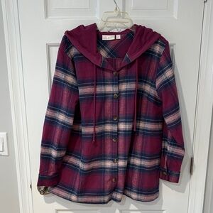 Belle by Kim Gravel Plaid Hooded Shacket in Navy, Burgundy & Cream